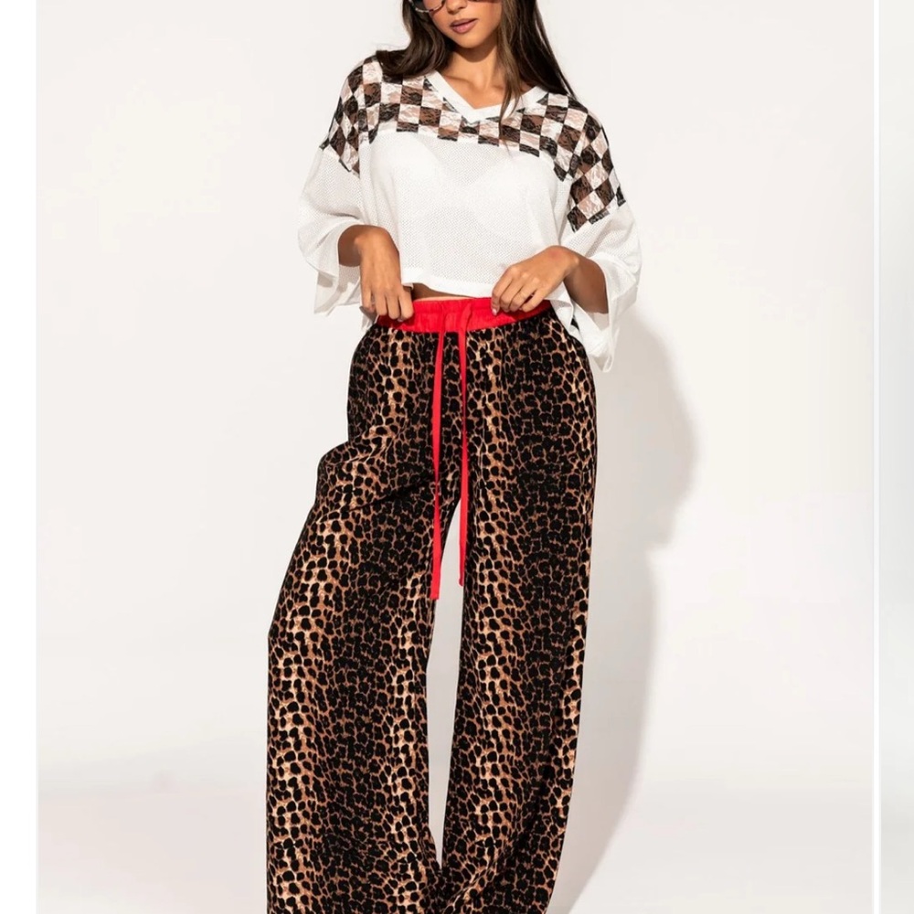 Dressed in LALA Leopard Print Wide-Leg Pants with Red Accent - sold out online!
